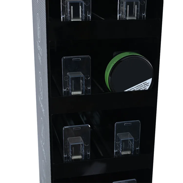Suporte de acrílico para exposição de sachês de fumaça com 5 camadas e empurrador, ideal para bancada.