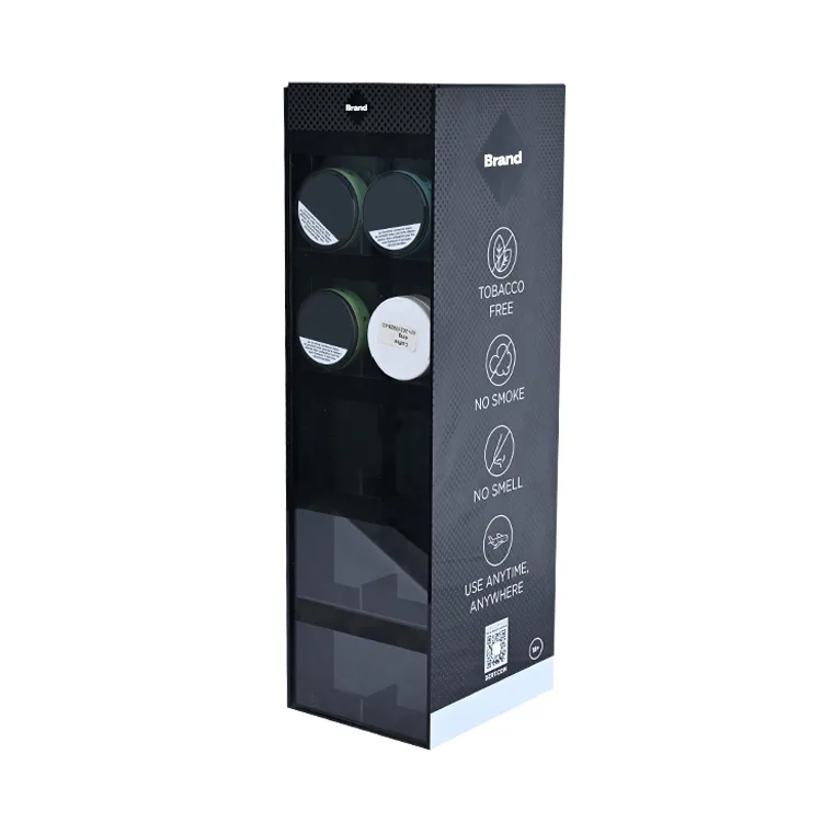 Suporte de acrílico para exposição de sachês de fumaça com 5 camadas e empurrador, ideal para bancada.