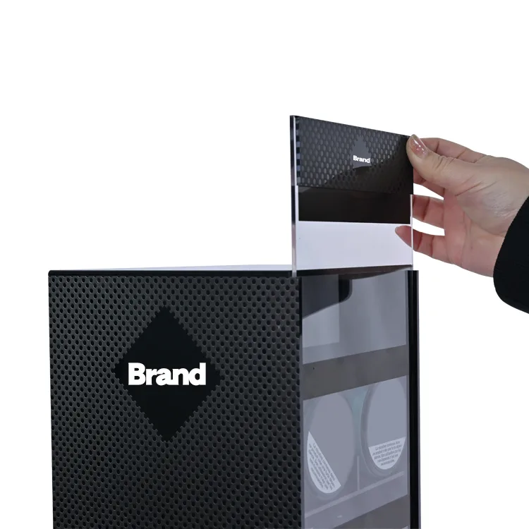 Suporte de acrílico para exposição de sachês de fumaça com 5 camadas e empurrador, ideal para bancada.
