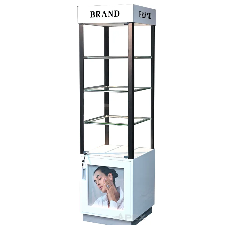Led Floor Standing Jewelry Metal Display Stand with Lockable Storage Cabinet
