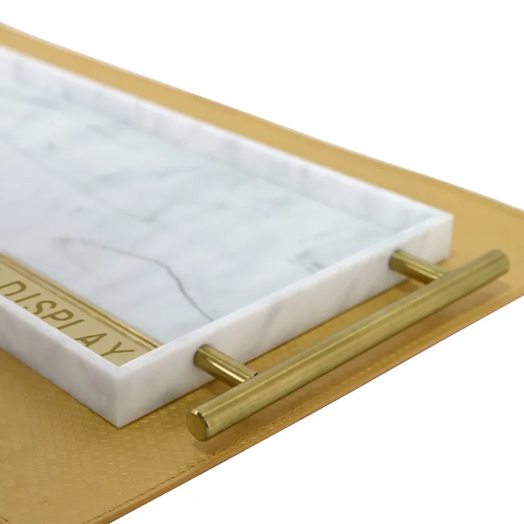 Custom Countertop White Marble Grain Acrylic Tray with Gold Handle