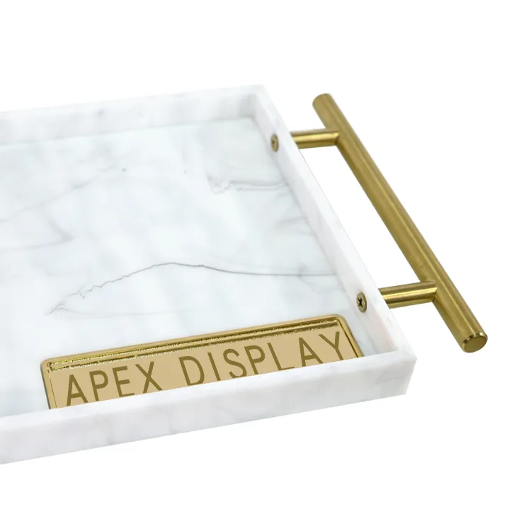 Custom Countertop White Marble Grain Acrylic Tray with Gold Handle