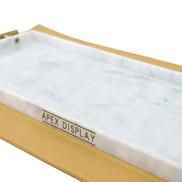 Custom Countertop White Marble Grain Acrylic Tray with Gold Handle