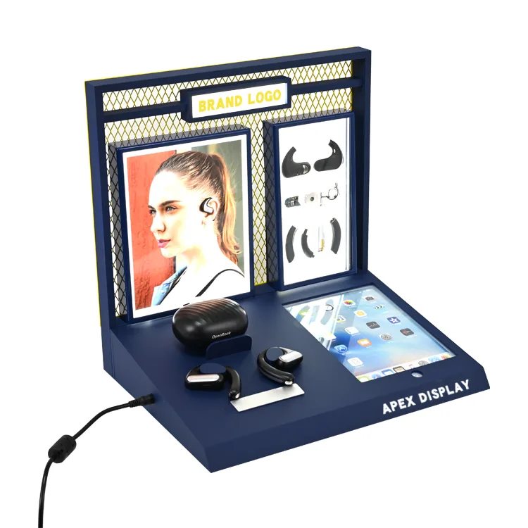 Custom Metal Acrylic Counter Top Wireless Earphone Dsiplay Stand with LED Light