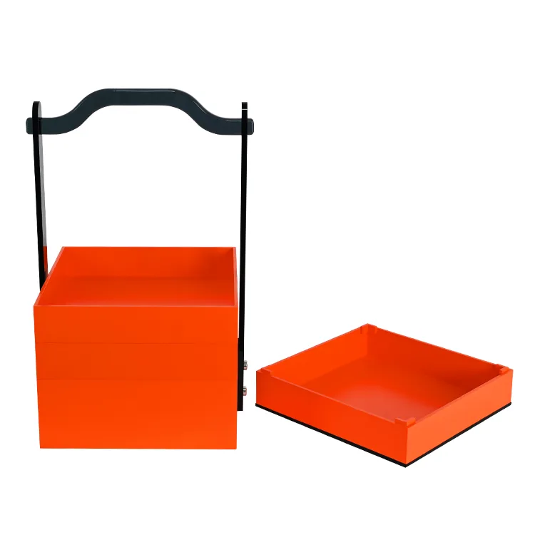 3-laags oranje acryl vierkante opbergdoos met hoepelhandvat en deksel