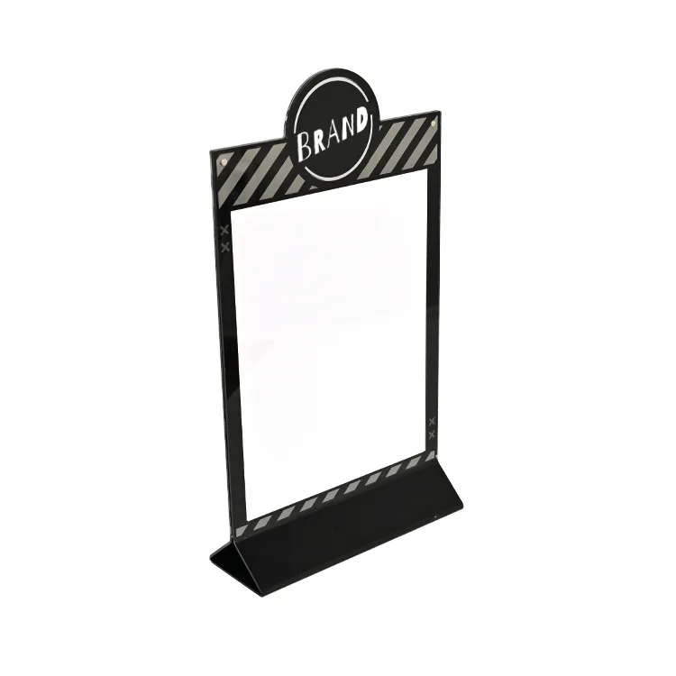 Suporte de mesa personalizado em acrílico em formato de T para sinalização de ponto de venda (POP).
