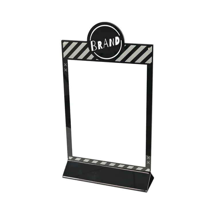 Suporte de mesa personalizado em acrílico em formato de T para sinalização de ponto de venda (POP).