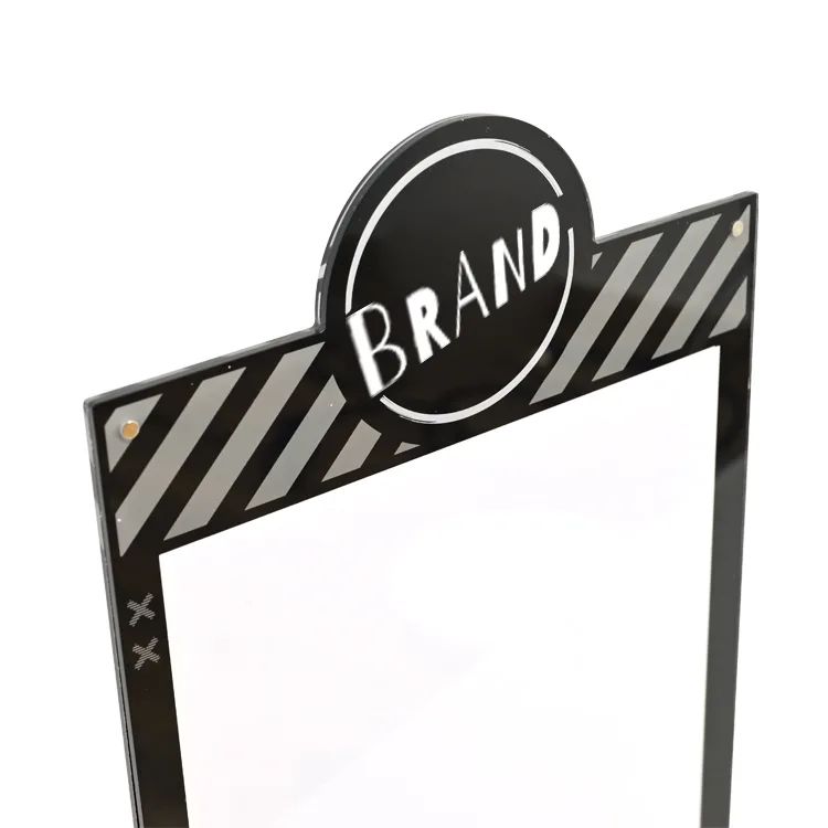 Suporte de mesa personalizado em acrílico em formato de T para sinalização de ponto de venda (POP).
