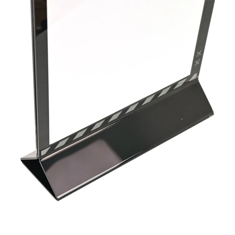 Suporte de mesa personalizado em acrílico em formato de T para sinalização de ponto de venda (POP).