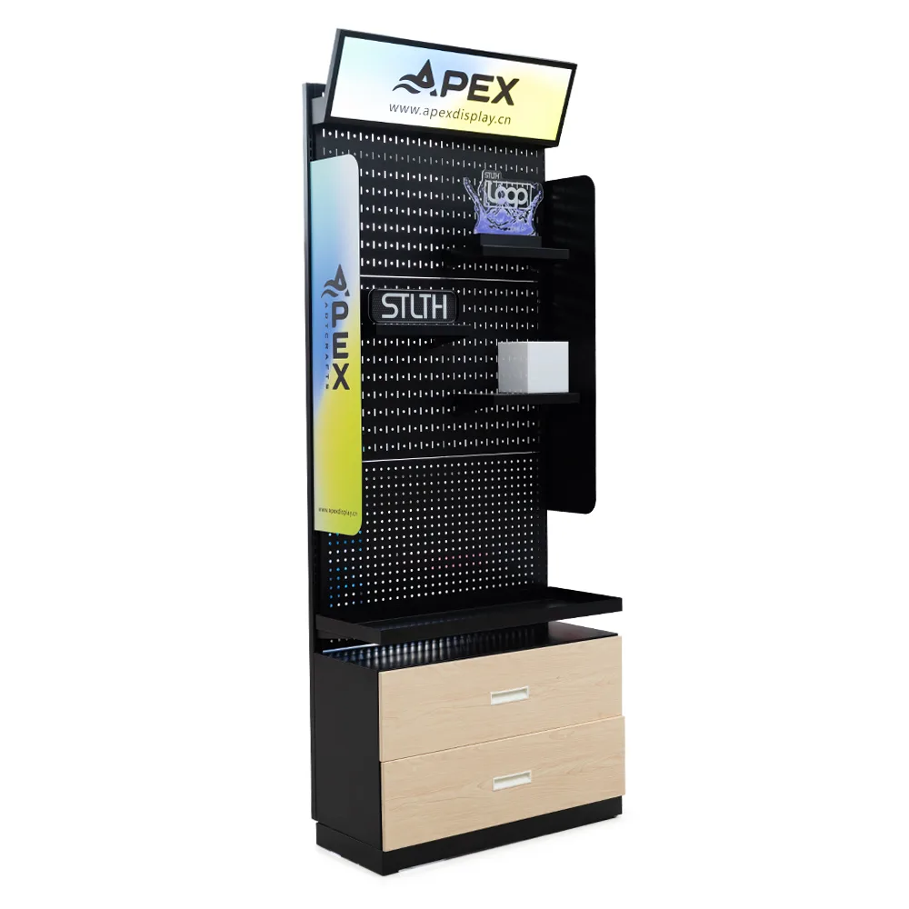 APEX Customized Metal Pegboard Display Rack with Drawers for Smoke Shop Advertising
