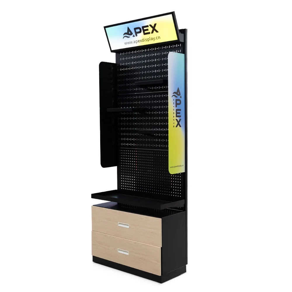 APEX Customized Metal Pegboard Display Rack with Drawers for Smoke Shop Advertising