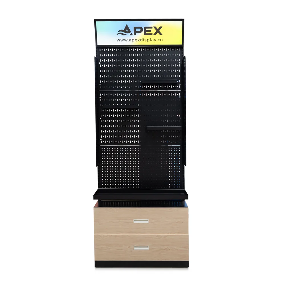 APEX Customized Metal Pegboard Display Rack with Drawers for Smoke Shop Advertising
