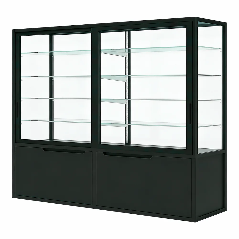 Custom Glass Display Cabinet with LED Lighting and Storage Drawer for Retail Stores