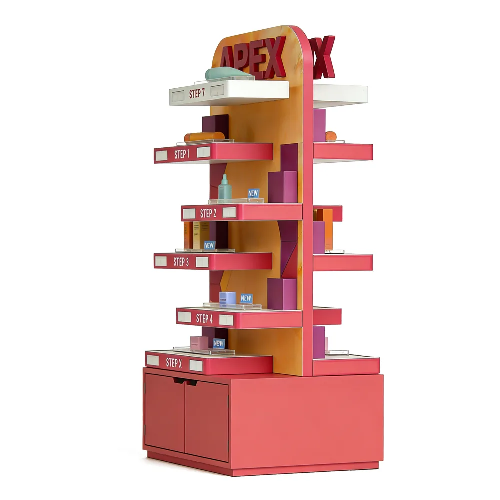 Eye-Catching Step-by-Step Cosmetic Display Stand with Branded Header & Storage