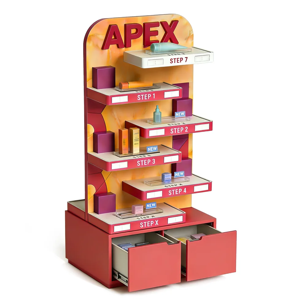 Eye-Catching Step-by-Step Cosmetic Display Stand with Branded Header & Storage