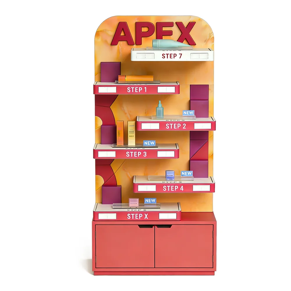 Eye-Catching Step-by-Step Cosmetic Display Stand with Branded Header & Storage