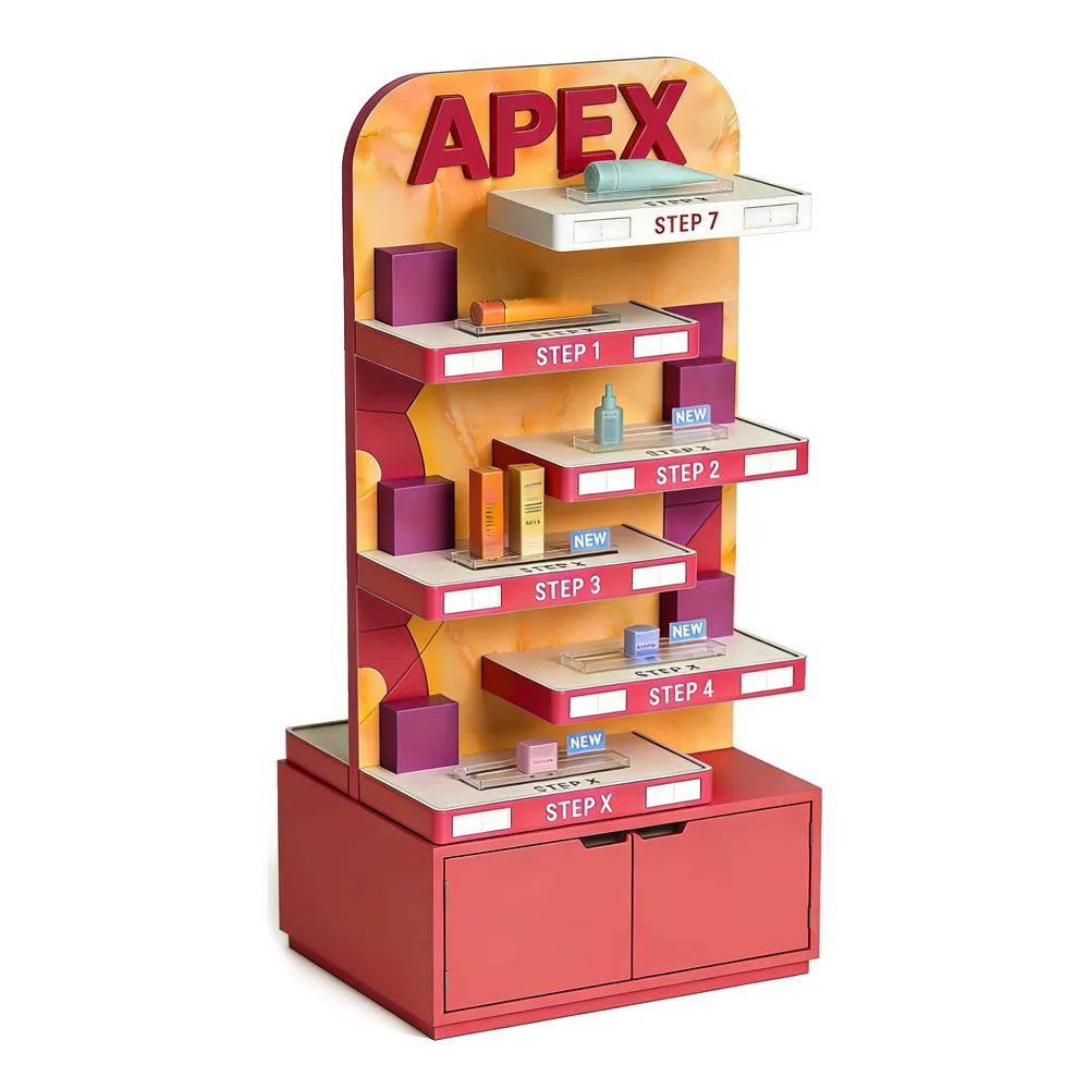 Eye-Catching Step-by-Step Cosmetic Display Stand with Branded Header & Storage