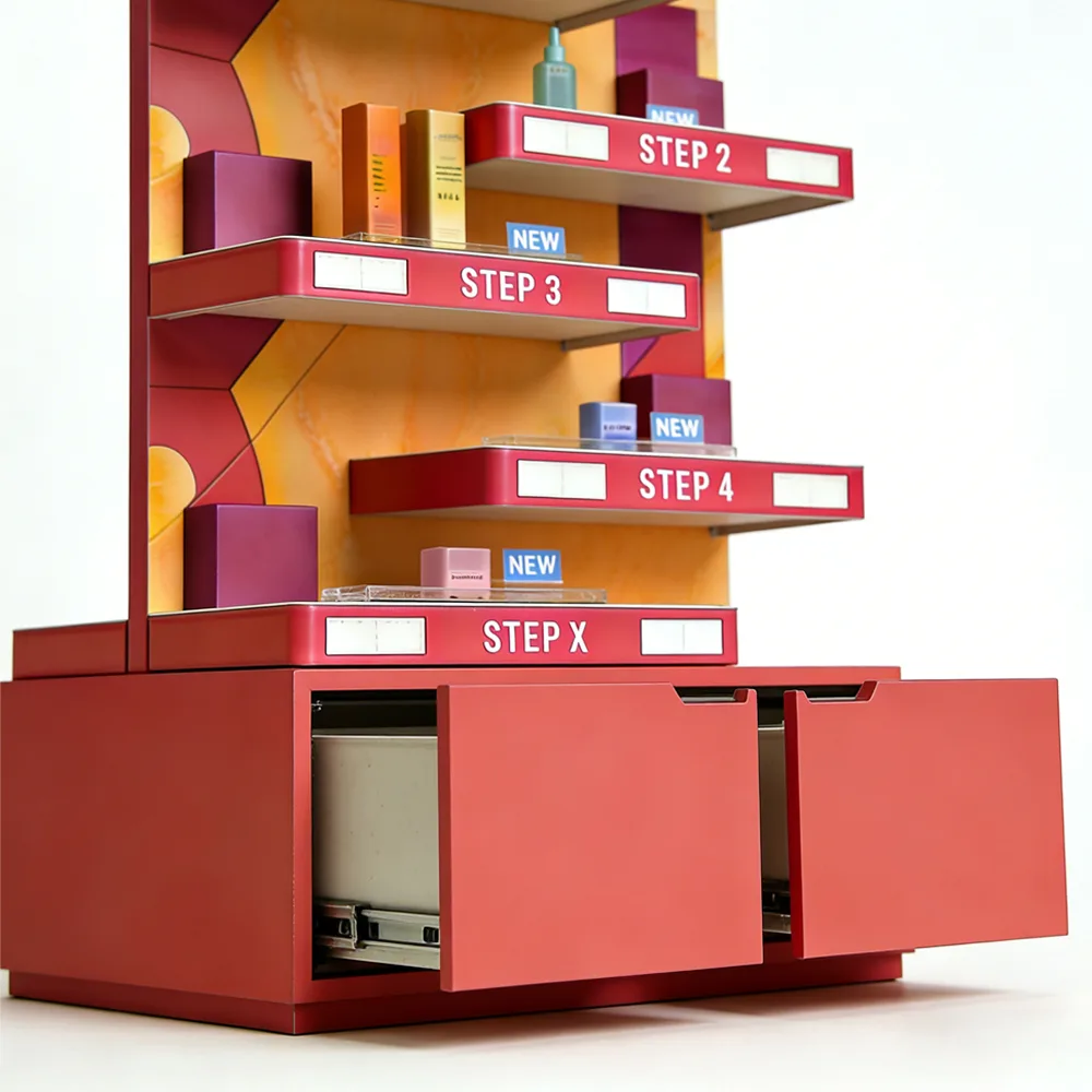 Eye-Catching Step-by-Step Cosmetic Display Stand with Branded Header & Storage