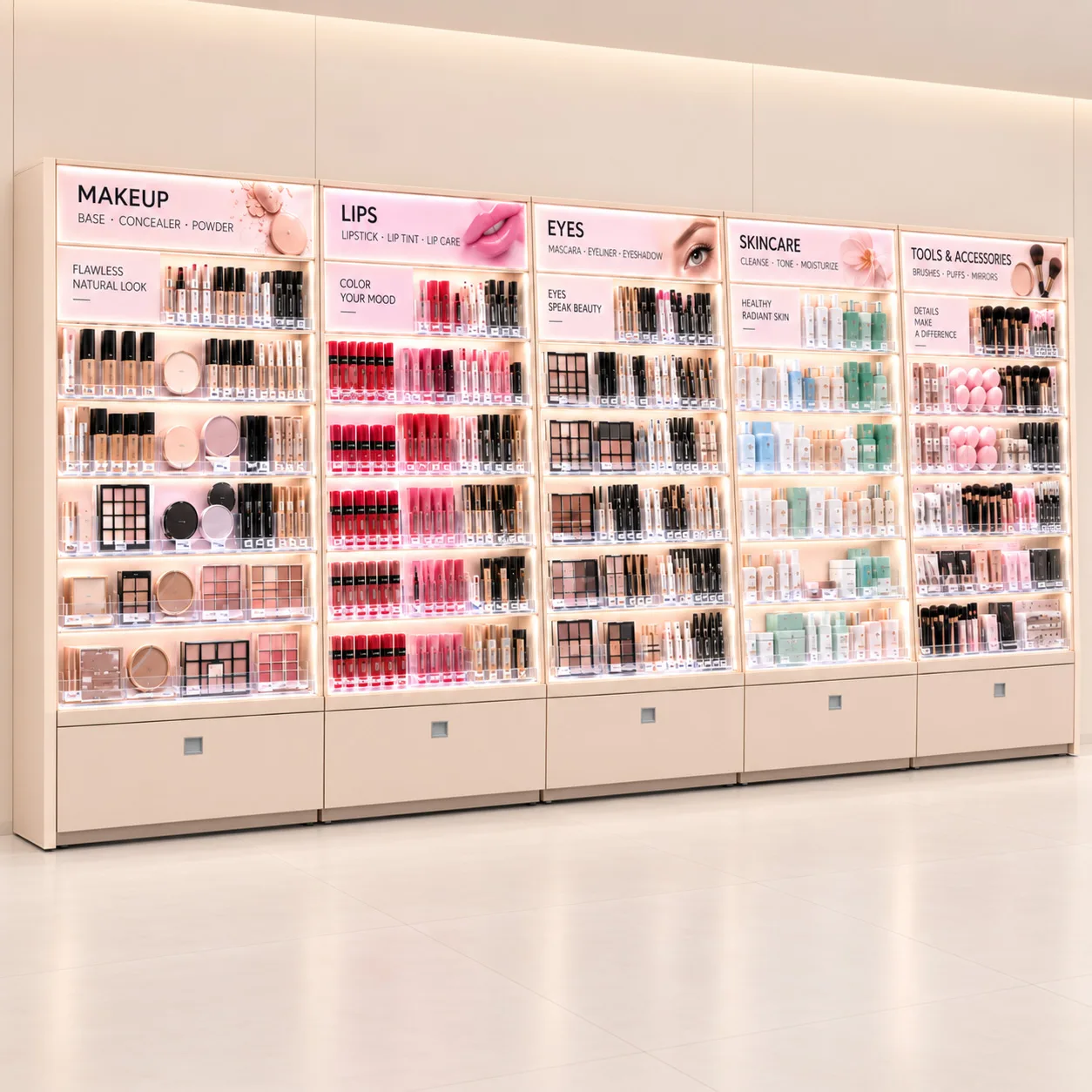 Custom Cosmetic Wall Display | Beauty Retail Display Cabinet