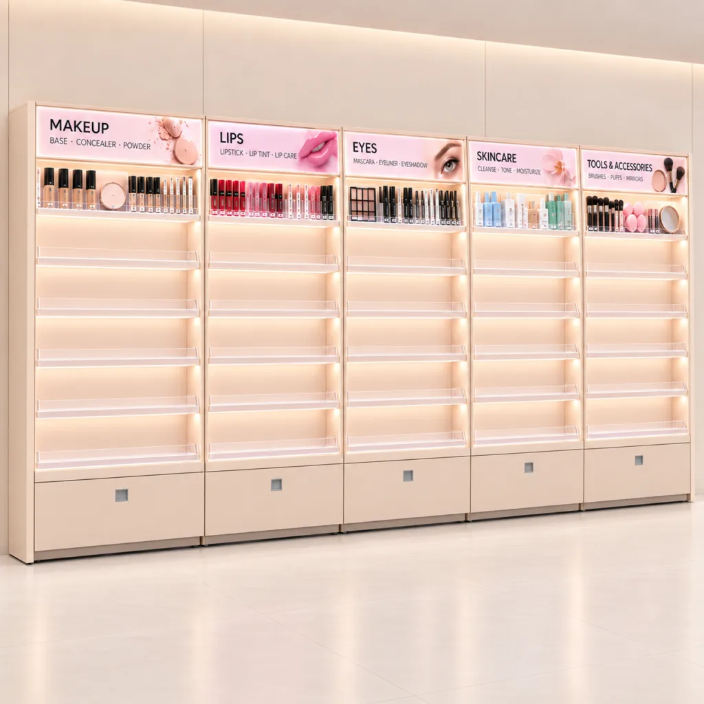 Custom Cosmetic Wall Display | Beauty Retail Display Cabinet