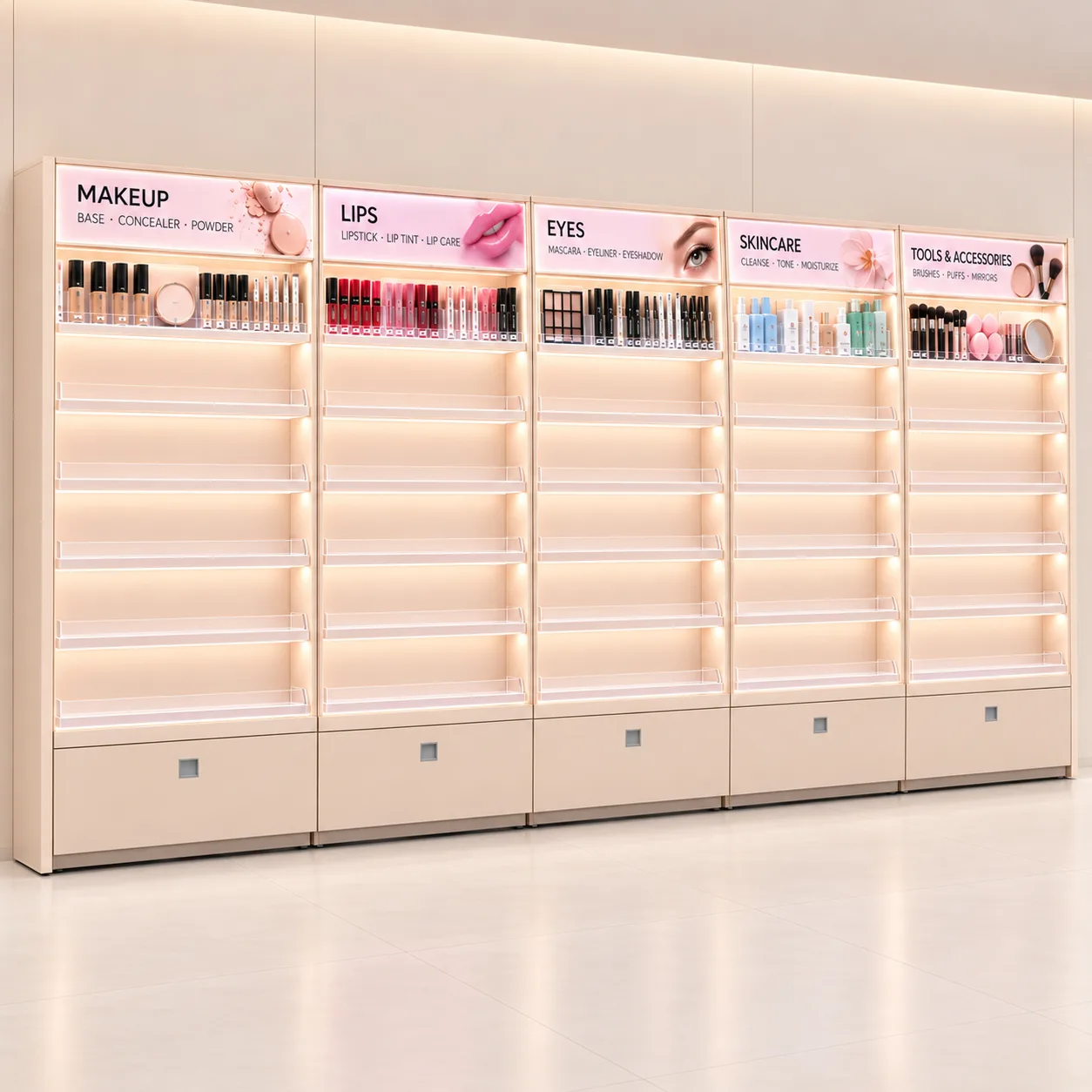 Custom Cosmetic Wall Display | Beauty Retail Display Cabinet